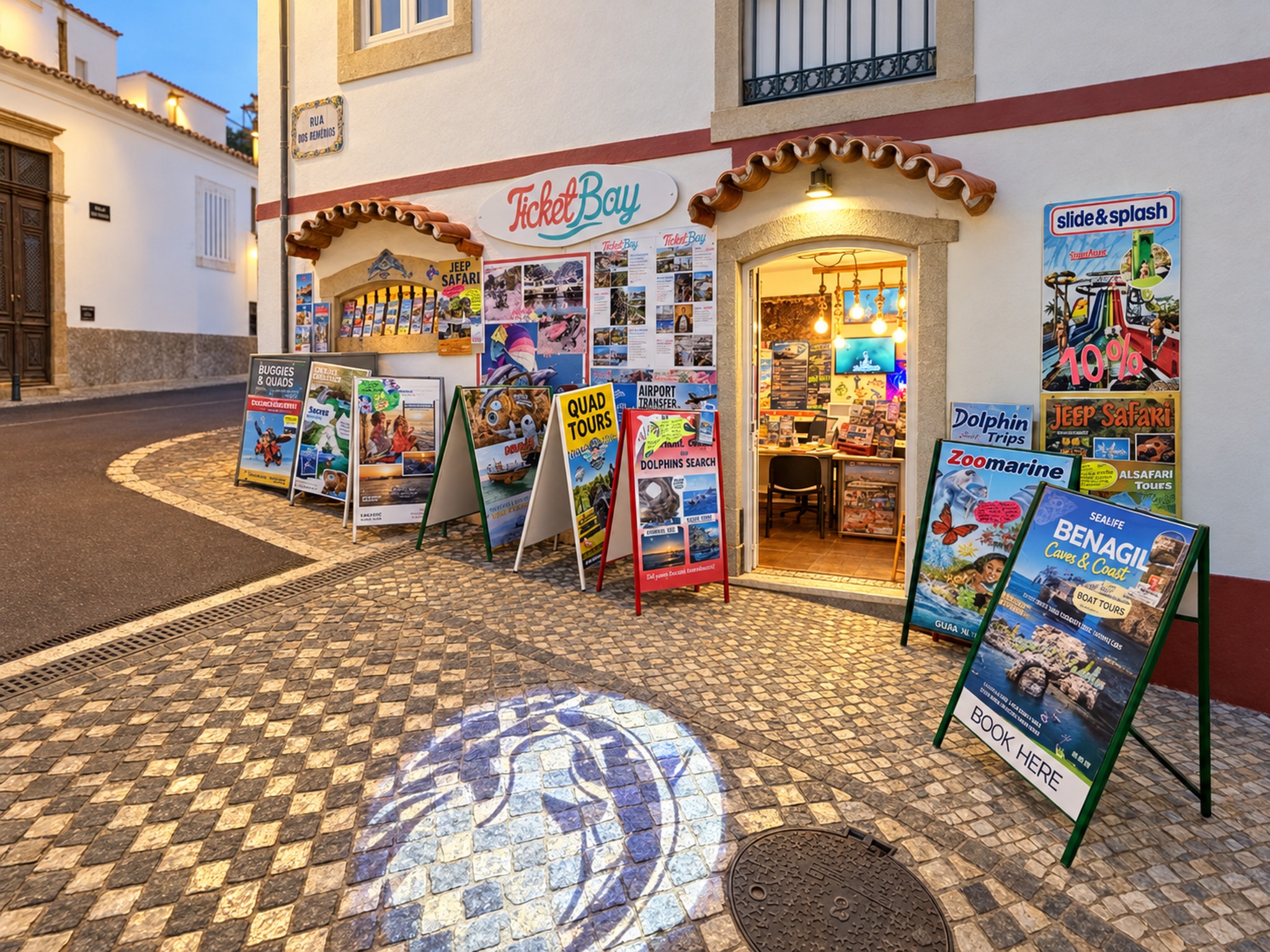 Ticket Bay storefront in Albufeira Old Town, with its entrance and tour displays