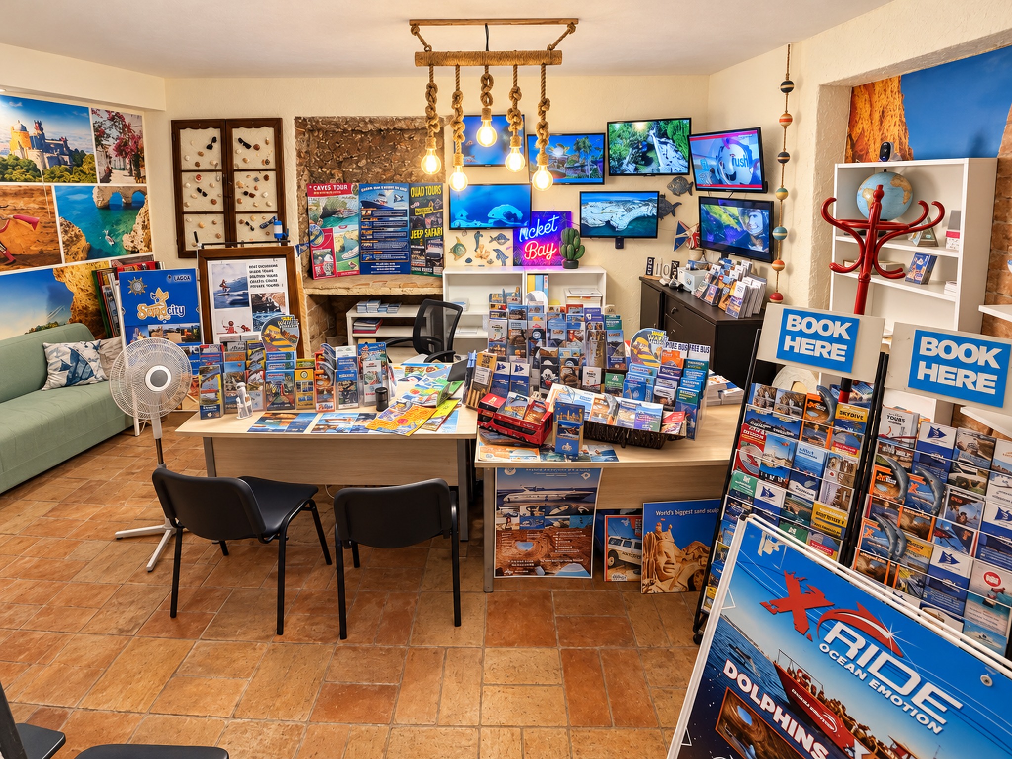 Inside Ticket Bay, with tour brochures, activity displays and a welcoming seating area